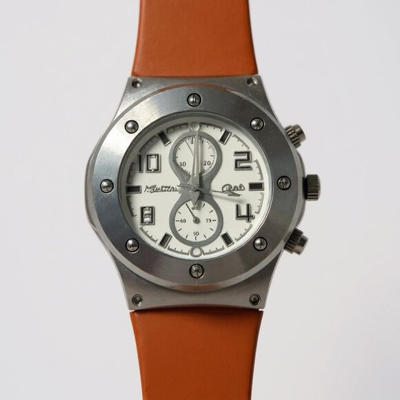 Men's Montres Carlo Faux Chronograph Watch With Orange Neoprene Band & Stainless - Picture 2 of 9